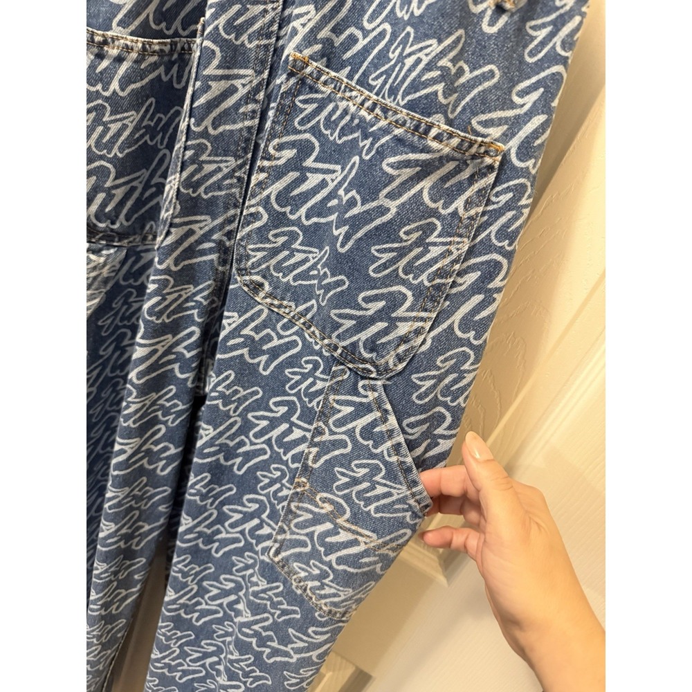 Fubu x Forever 21 Denim Overalls All Over Print 05 Orange Straps Y2K Women Sz S - Picture 8 of 16